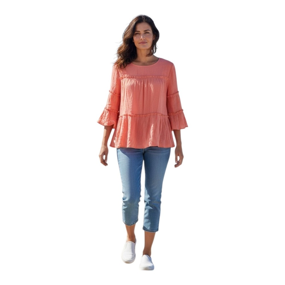 Cato Womens S Dark Coral Baby Doll Tiered Ruffles 3/4 Tiered Sleeve Gauze Blouse